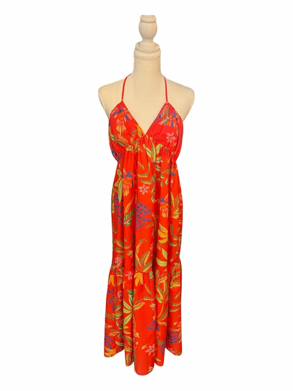 Chelsea & Violet Tropical Parrot Print Halter Maxi Dress Size 10 NWT MSRP169